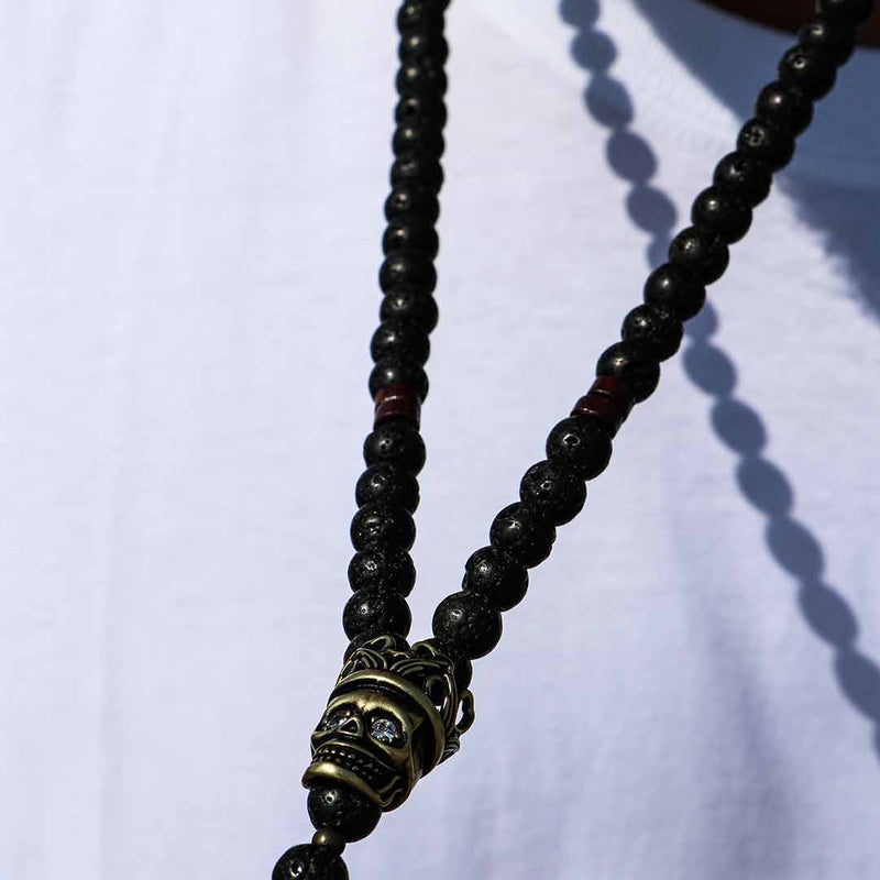 LAVA BEAD NECKLACE WITH SKULL PENDANT